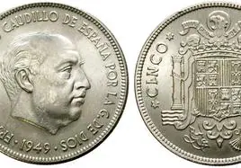 Moneda de cinco pesetas con la efigie de Franco realizada por Benlliure.