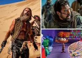 Chris Hemsworth, en 'Furiosa: de la saga Mad Max'; Javier Bardem, en 'Dune: Parte dos', y Ansiedad, en 'Del revés 2 (Inside Out 2)'.