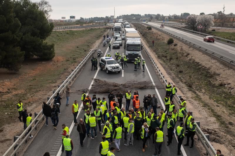 Agentes de la Guardia Civil frente a los agricultores que han cortado la autovía A-3 en el kilómetro 54, a la altura de Villarejo de Salvanés en Madrid (España).