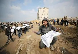 Palestinos cargan con sacos de harina procedentes de un camión de ayuda humanitaria.