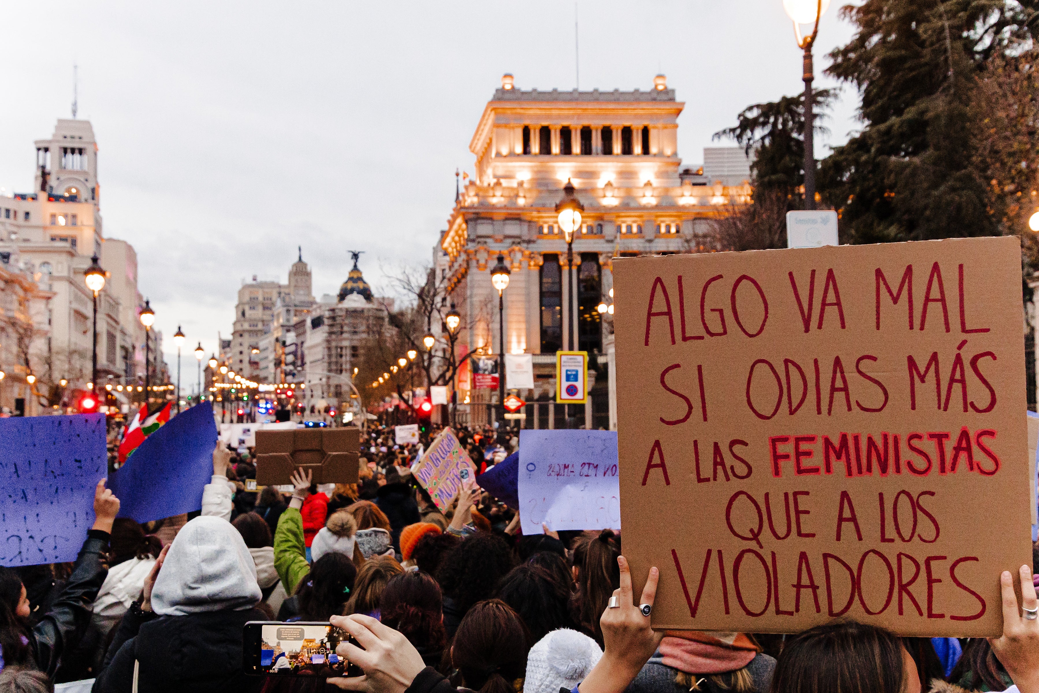 Una pancarta en Madrid en la que han escrito: «Algo va mal si odias más a las feministas que a los violadores»