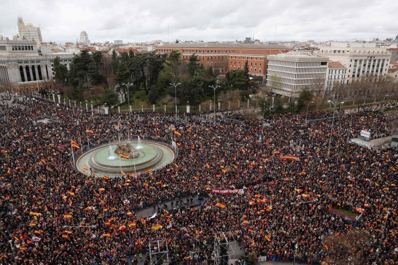 Vista aérea de la manifestación este sábado en la plaza de Cibeles en Madrid.A