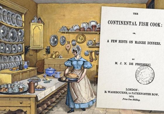 Portada de la primera edición 'The Continental Fish Cook' y estampa de cocina.