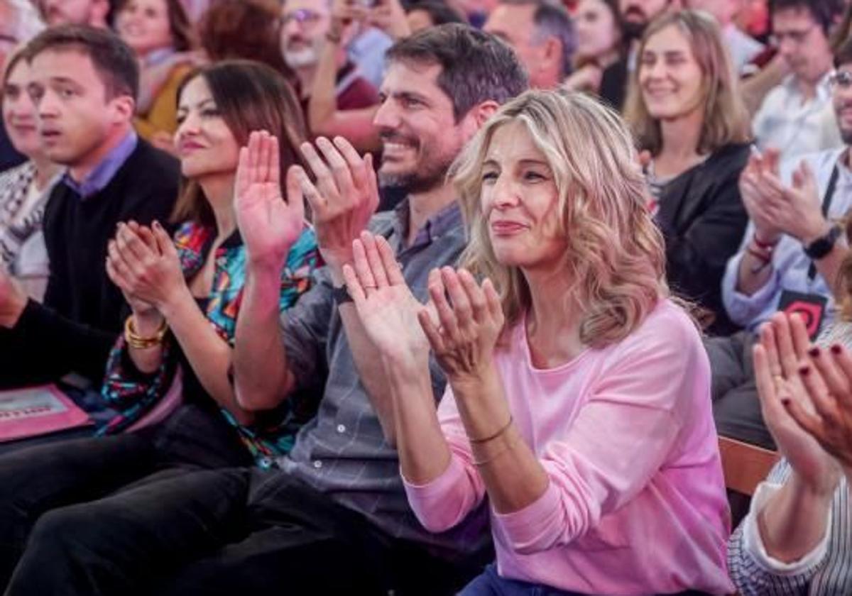 Yolanda Díaz durante la primera asamblea de Sumar celebrada este sábado en madrid.