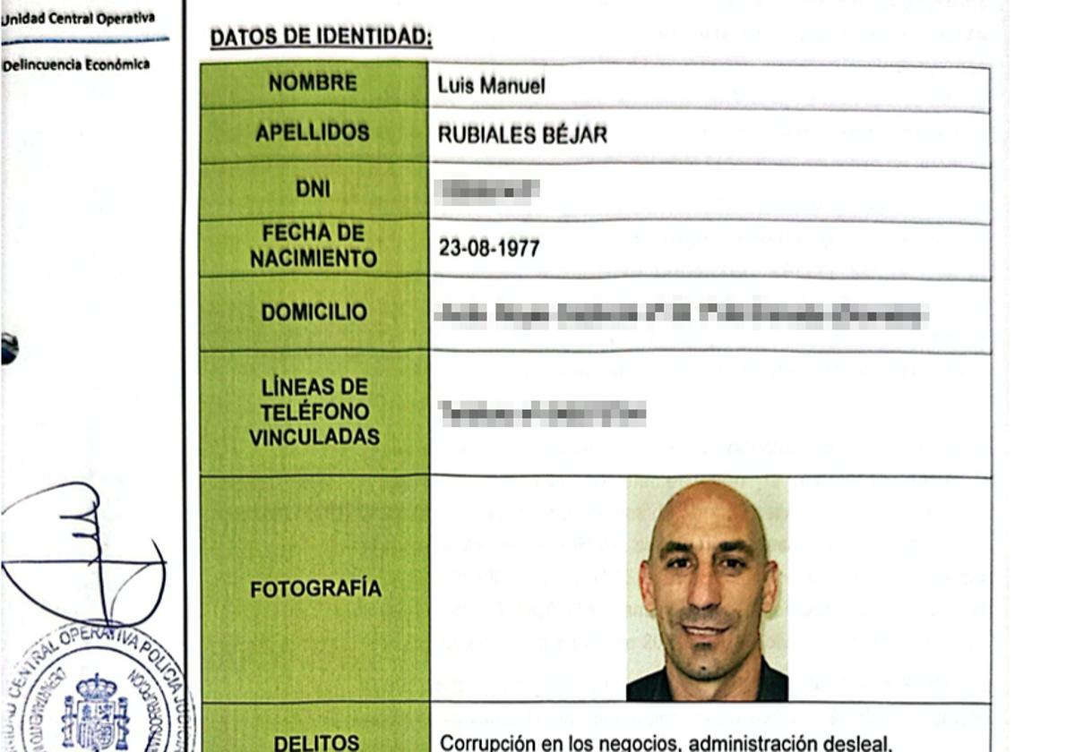 Ficha policial de Luis Rubiales.