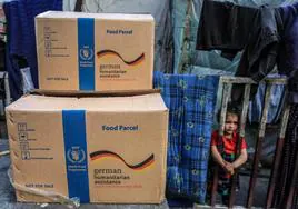 Una niña palestina aguarda al reparto de paquetes con alimentos enviados por el Gobierno alemán a Gaza.