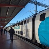 El primer tren Ouigo que viaja este jueves a Vallaolid desde Madrid.