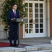 El presidente del Gobierno, Pedro Sánchez, durante su comparecencia en La Moncloa.