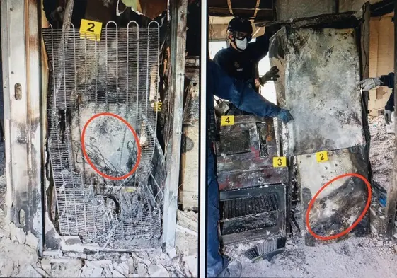 Dos imágenes del frigorífico, el foco del incendio.