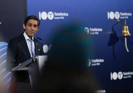 El presidente de Telefónica, José María Álvarez-Pallete, en el acto conmemorativo del centenario en la Bolsa de Madrid.