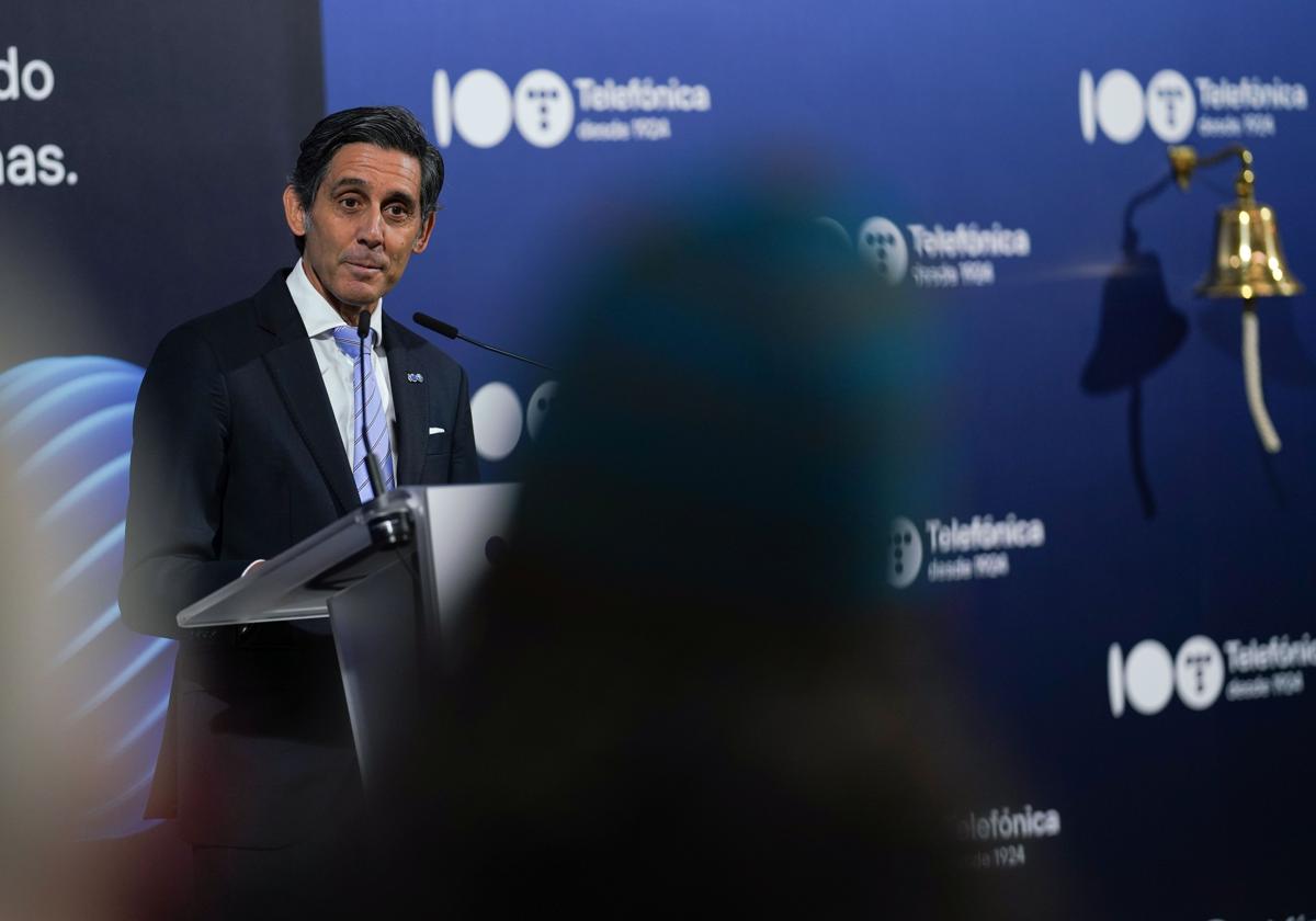 El presidente de Telefónica, José María Álvarez-Pallete, en el acto conmemorativo del centenario en la Bolsa de Madrid.