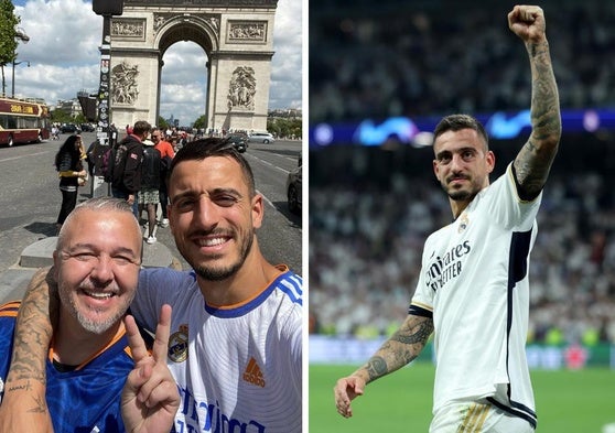 A la izquierda, Joselu junto a su padre en París, donde siguió como aficionado la final de Champions en 2022; a la derecha, celebrando el gol decisivo ante el Bayern.