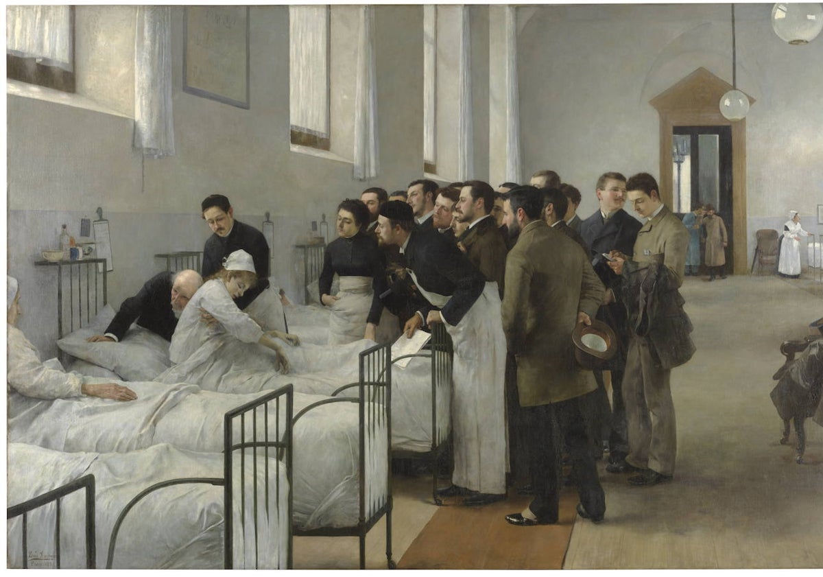 Imagen principal - De arriba abajo, 'Una sala del hospital durante la visita del médico en jefe', (1889), de Luis Jiménez Aranda, 'La bestia humana' (1897), de Antonio Fillol, y detalle de 'Una huelga de obreros en Vizcaya' (1892), de Vicente Cutanda, todas ellas obras que se pueden ver en la muestra.