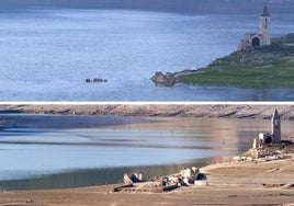 Vista del estado del embalse de Sau (Barcelona) en la actualidad y el pasado mes de marzo.