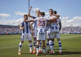 El Leganés celebrando el gol de la voctoria cotra el Sporting de Gijón