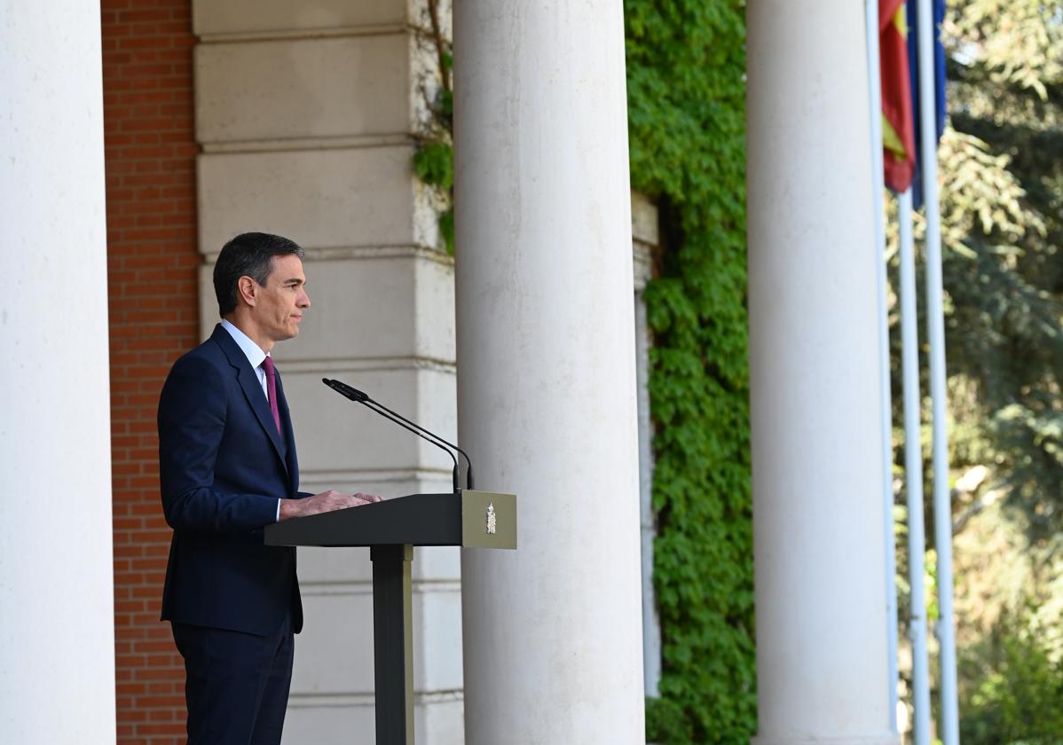 Pedro Sánchez durante la comparecencia tras su primera carta a la ciudadanía