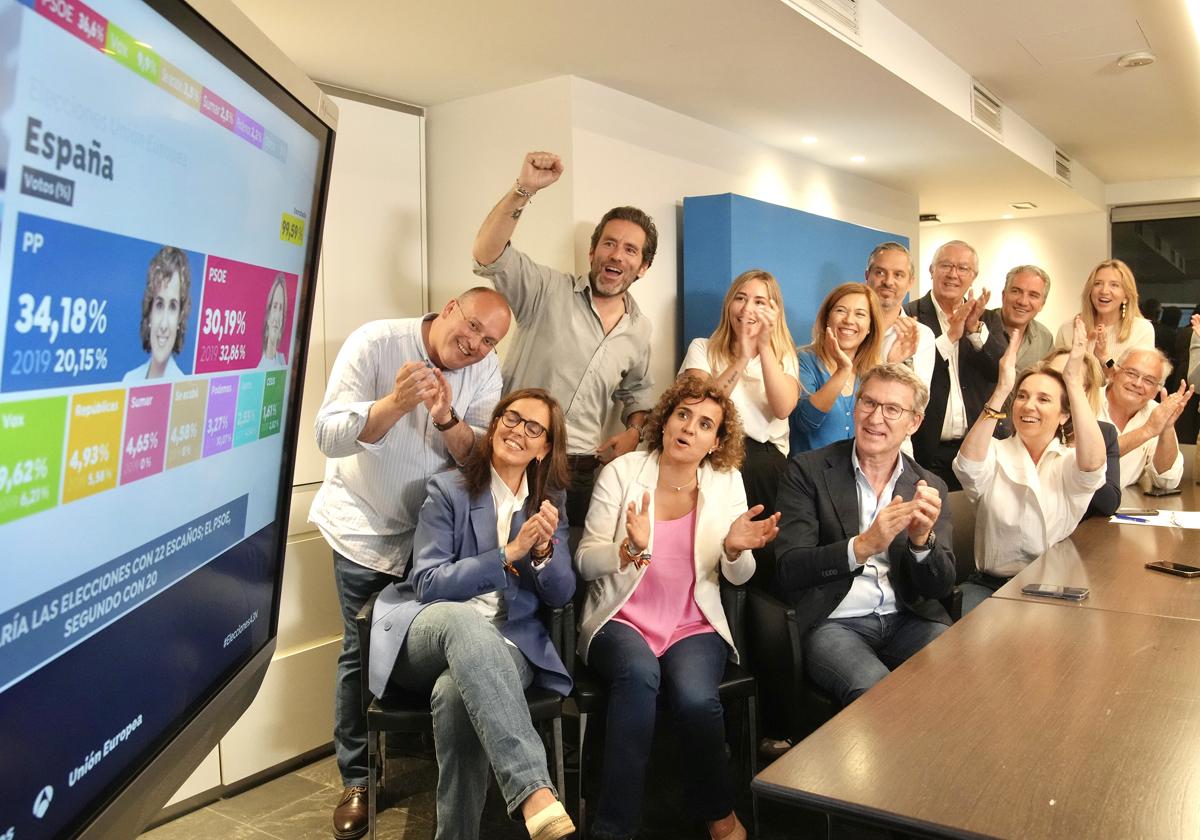 Alberto Núñez Feijóo, líder del PP, y Dolors Monserrat, candidata del PP, celebran los resultados junto a la directiva del PP