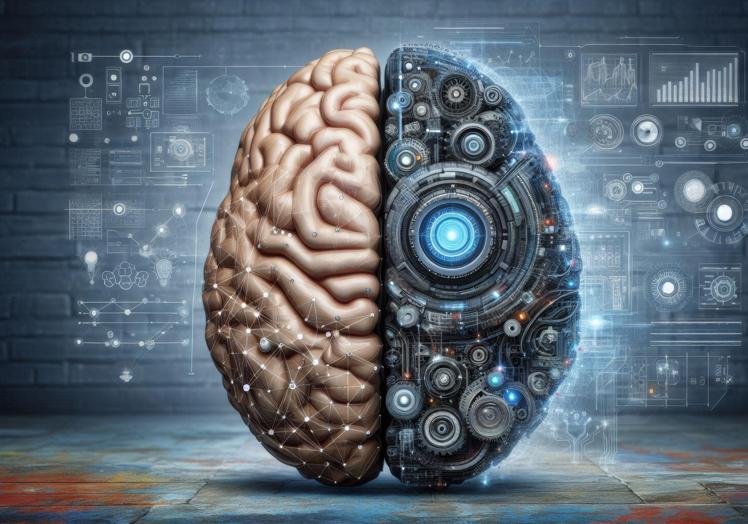 Un cerebro mitad humano, mitad artificial, imaginado por la IA.