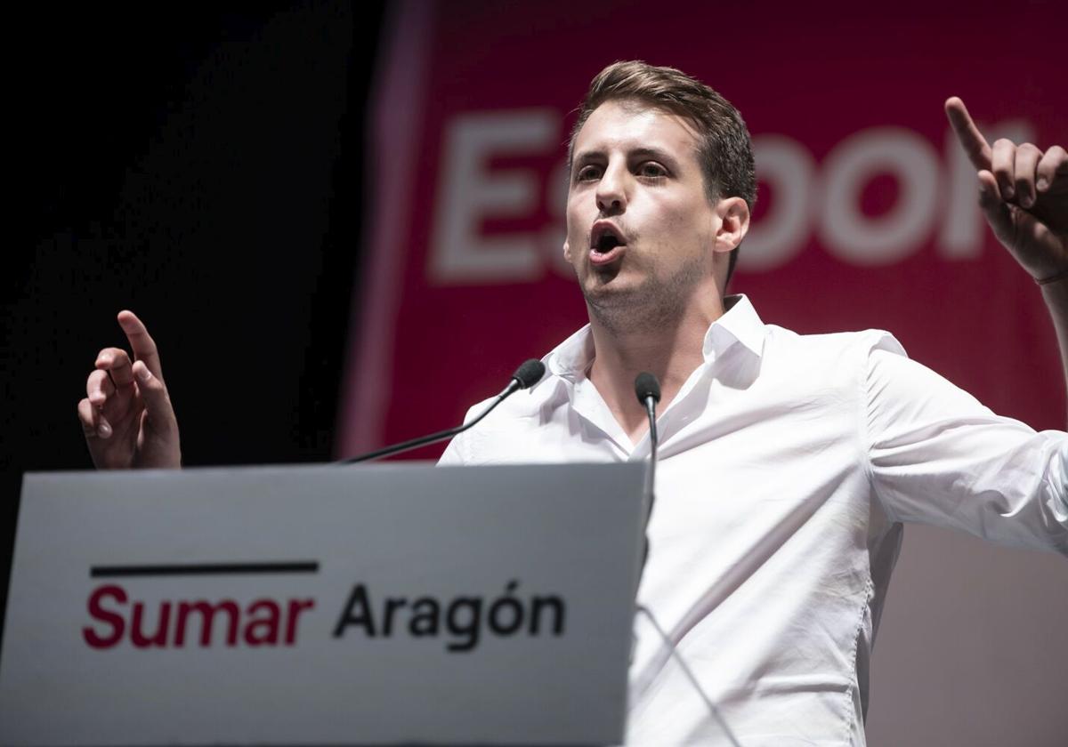 El diputado de la Chunta Aragonesista, Jorge Pueyo, durante la campaña de Sumar para el 23-J.