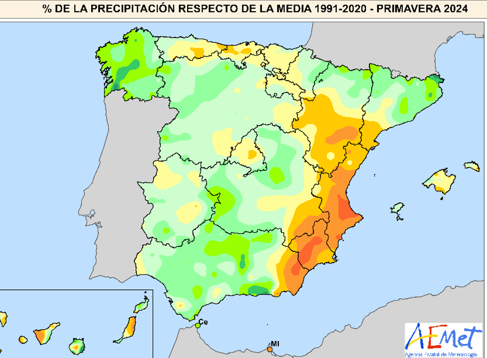 Las zonas verdes, donde más ha llovido en primavera, frente a las naranjas y amarillas, donde menos.