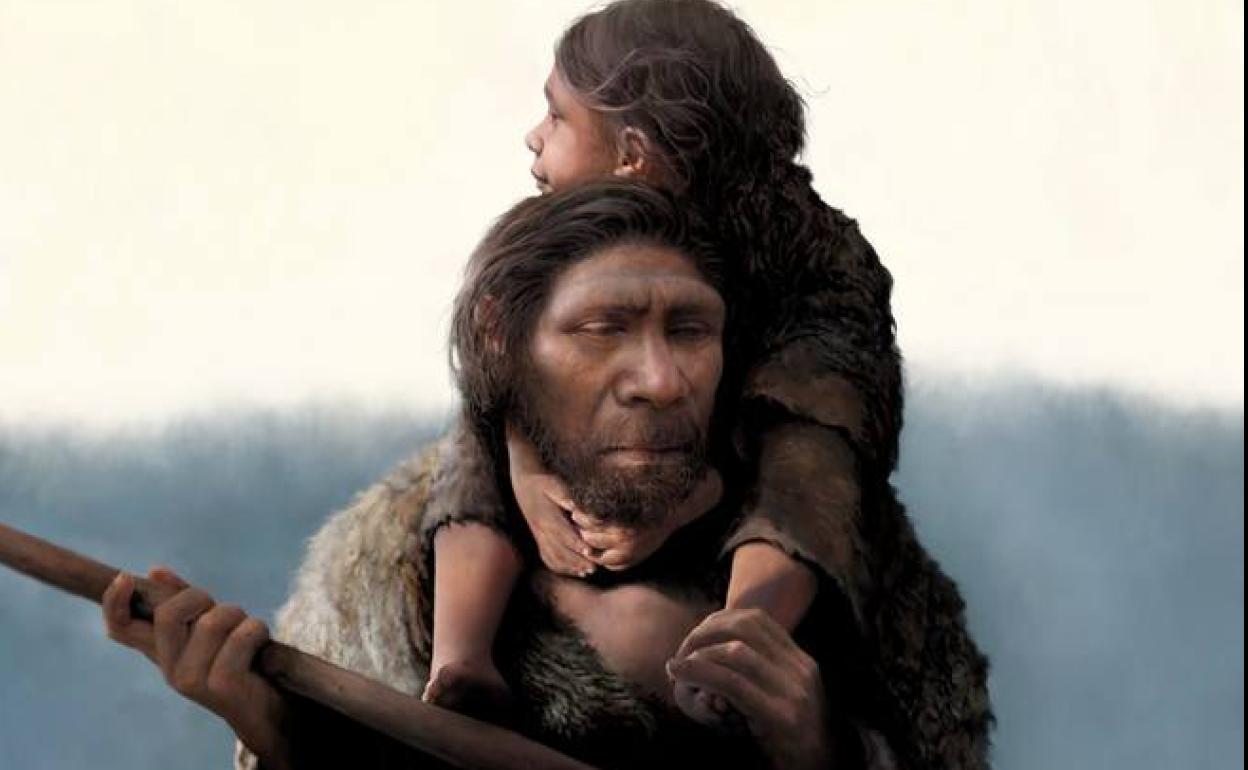 Recreación de un padre neandertal con su hija.