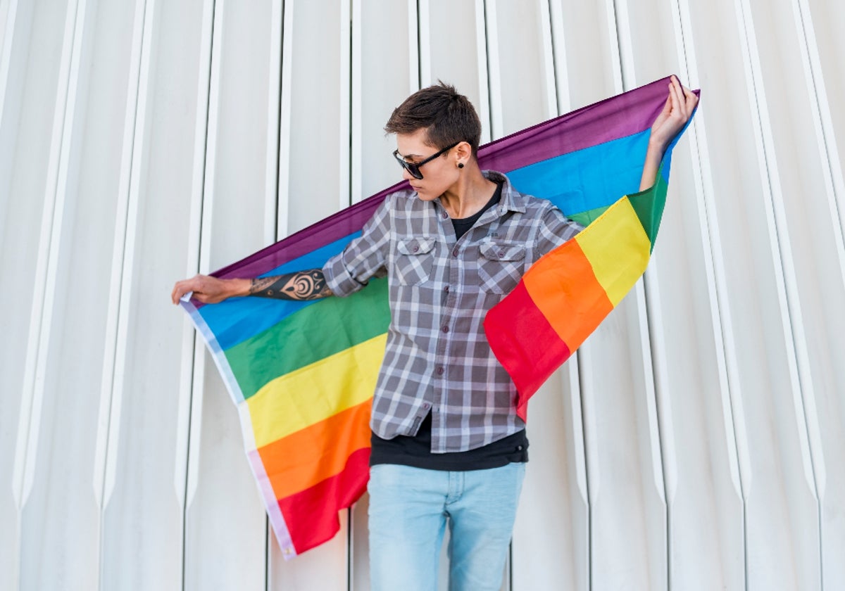 Hombre que sostiene la bandera LGBTI