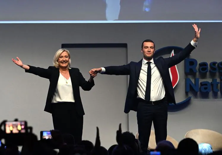 Marine Le Pen and Jordan Bardella celebrate Sunday's victory.
