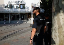 Un policía custodia la entrada a los juzgados de plaza de Castilla en Madrid.