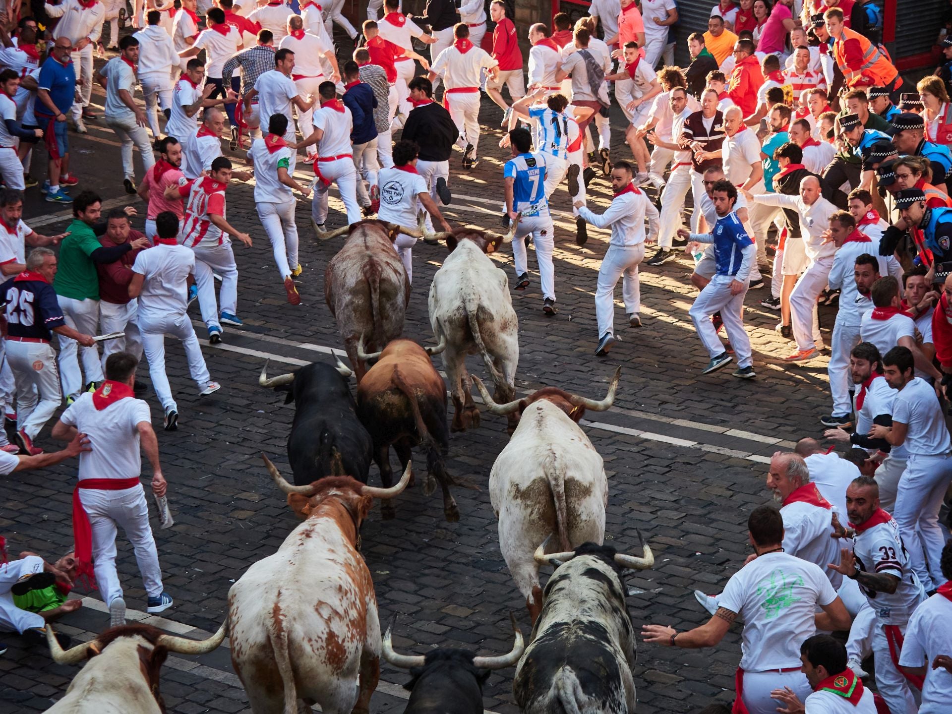 Seis corredores han sido trasladados a centros médicos tras el segundo encierro de los Sanfermines, protagonizado por las reses de la ganadería Cebada Gago, sin que se hayan producido heridas por asta de toro. 