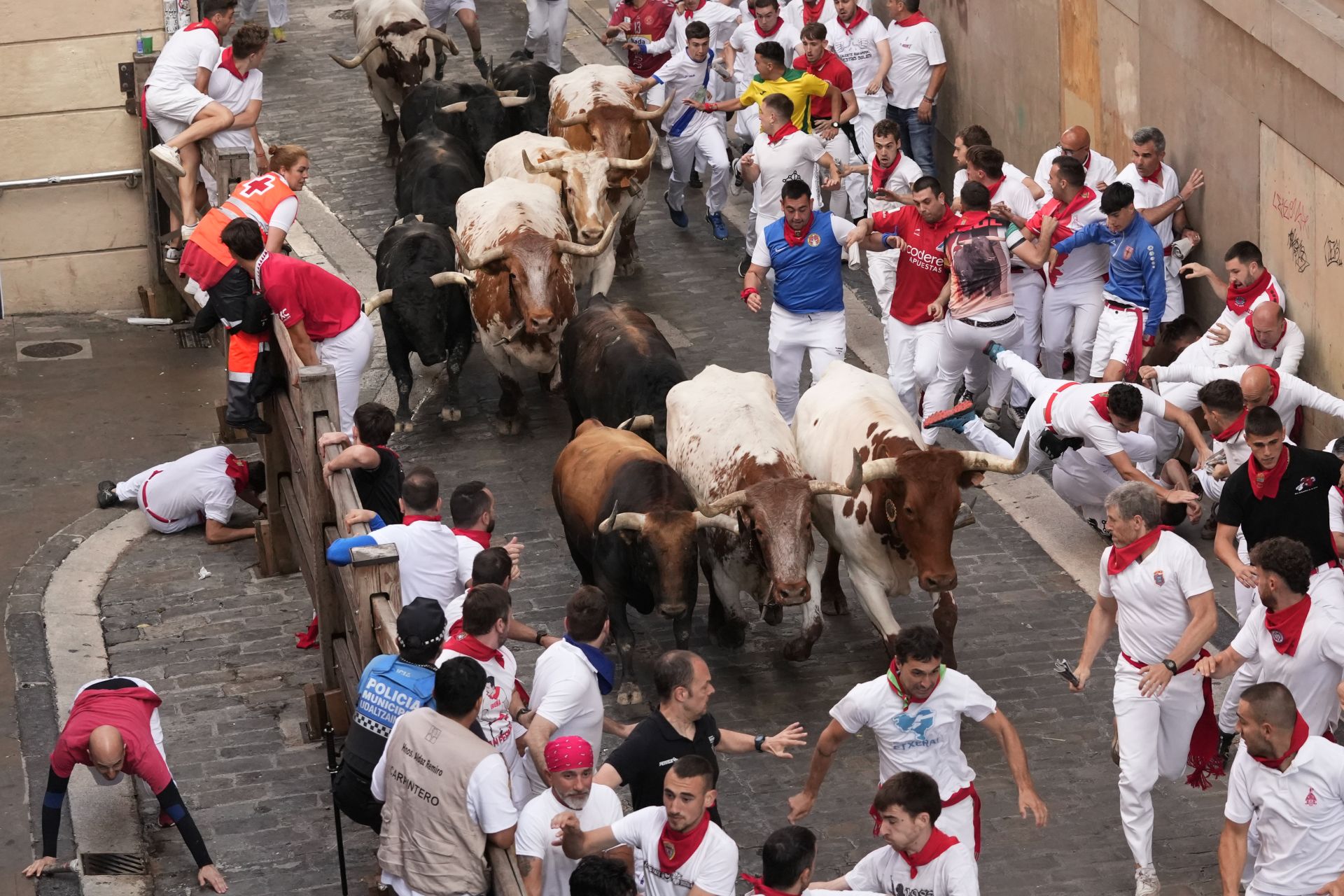 Los toros de la ganadería de Fuente Ymbro a su paso por la Cuesta de Santo Domingo.