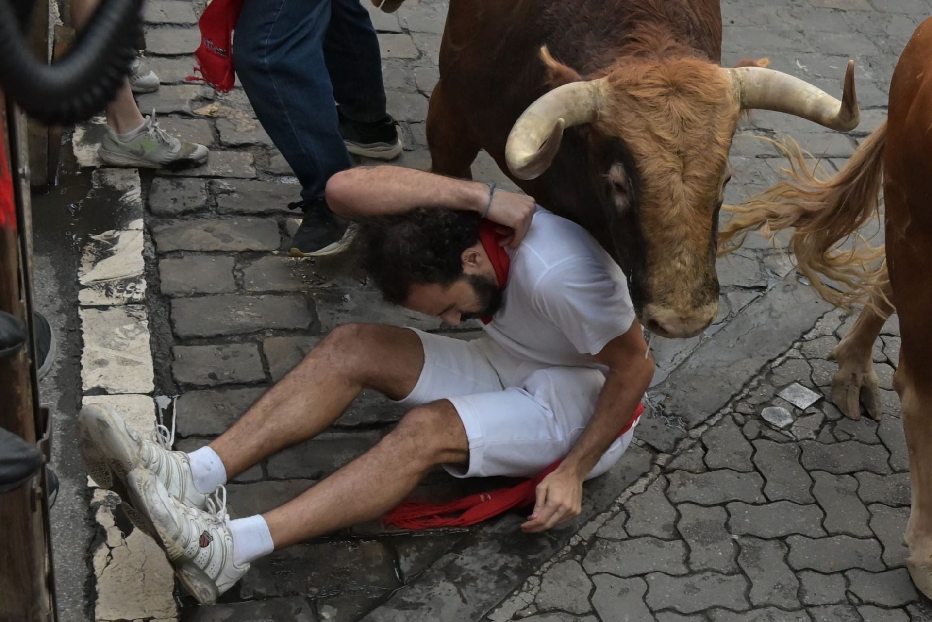 Un mozo se protege al paso de los toros de la ganadería de Domingo Hernández Martín. 