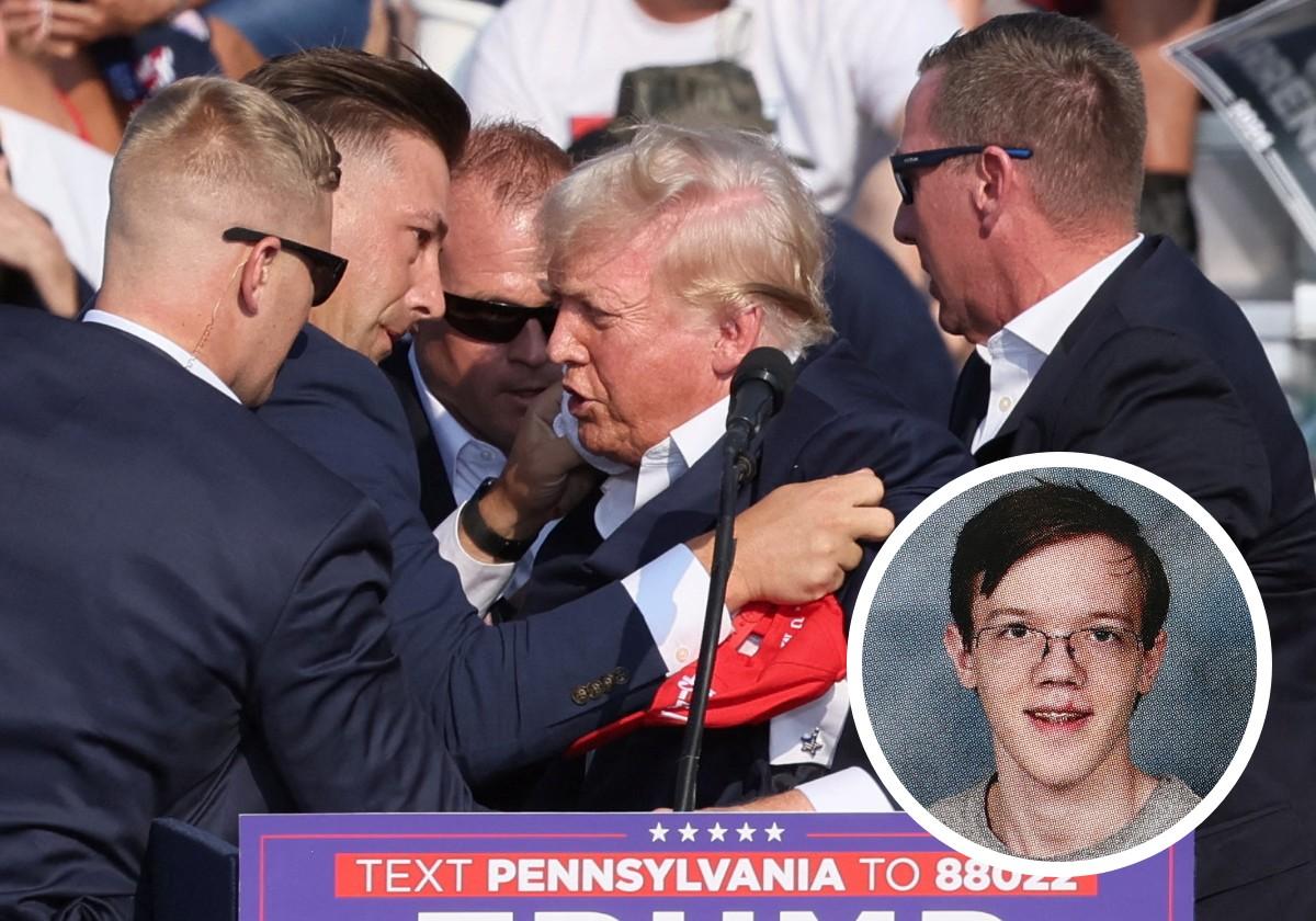 Agentes rodean a Trump instantes después de los disparos. A la derecha, el tirador, Matthew Crooks.