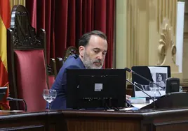 El presidente del Parlamento balear, Gabriel Le Senne (Vox), tras romper la imagen de una mujer republicana fusilada por el bando franquista.