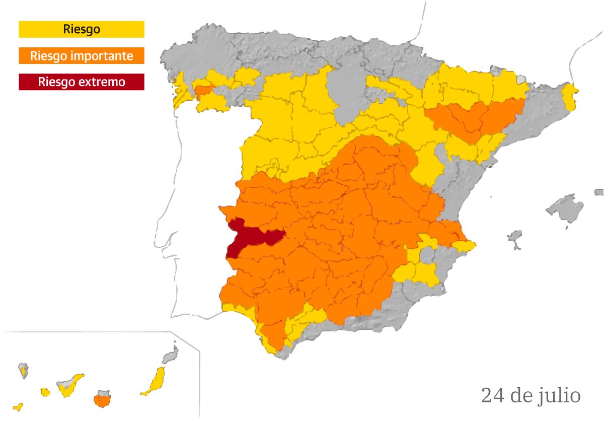 Casi todo el país bajo aviso naranja y amarillo por la ola de calor y alerta roja en parte de Extremadura