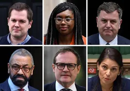 De izquierda a derecha: Robert Jenrick, Kemi Badenoch y Mel Stride; abajo, de izquierda a derecha: James Cleverly, Tom Tugendhat y Priti Patel.