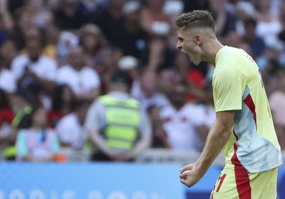 Fermín celebra su gol clave ante Marruecos.