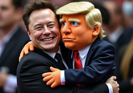 Elon Musk abrazando un muñeco de Donald Trump, generada por la inteligencia artificial de xIA