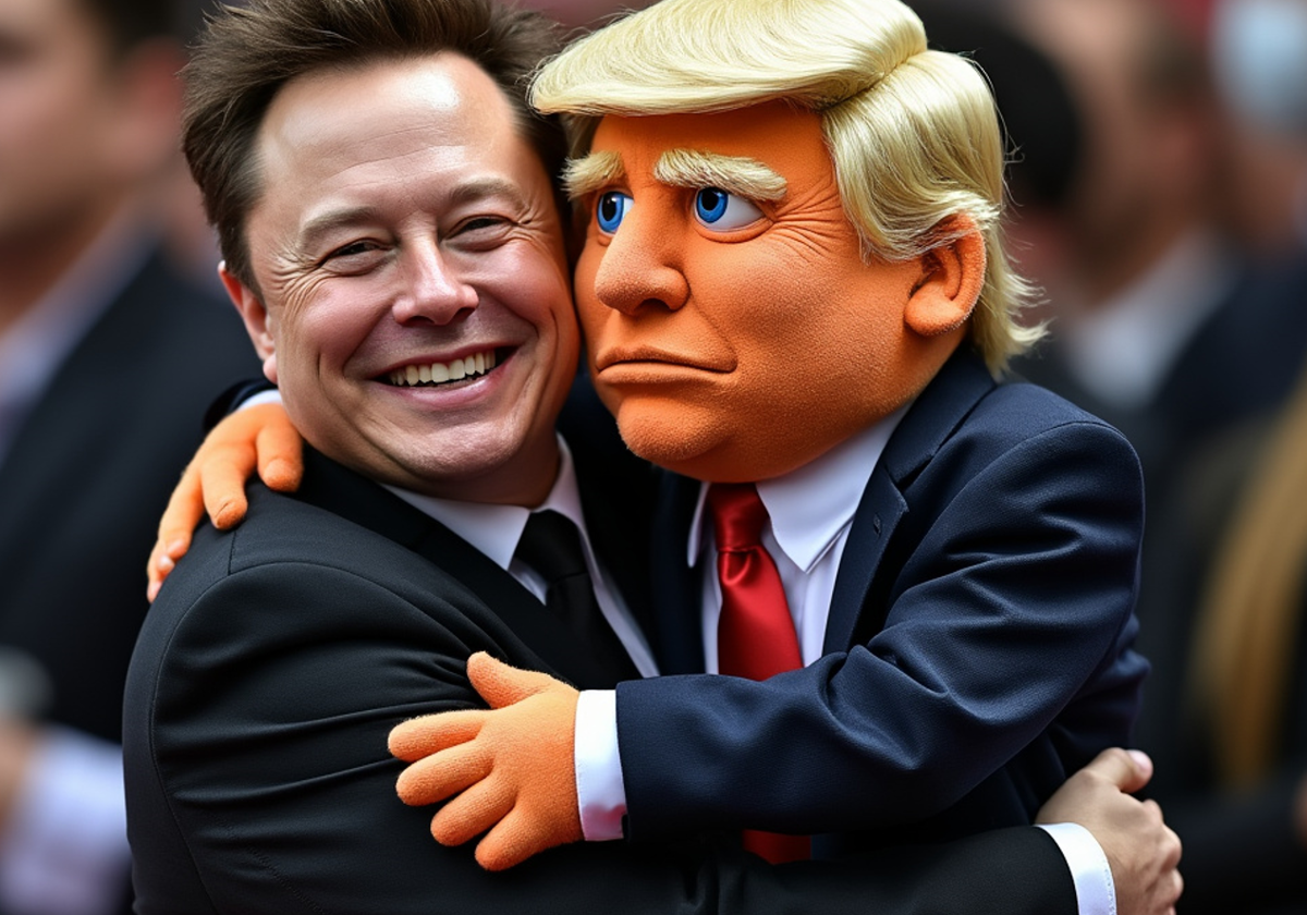 Elon Musk abrazando un muñeco de Donald Trump, generada por la inteligencia artificial de xIA