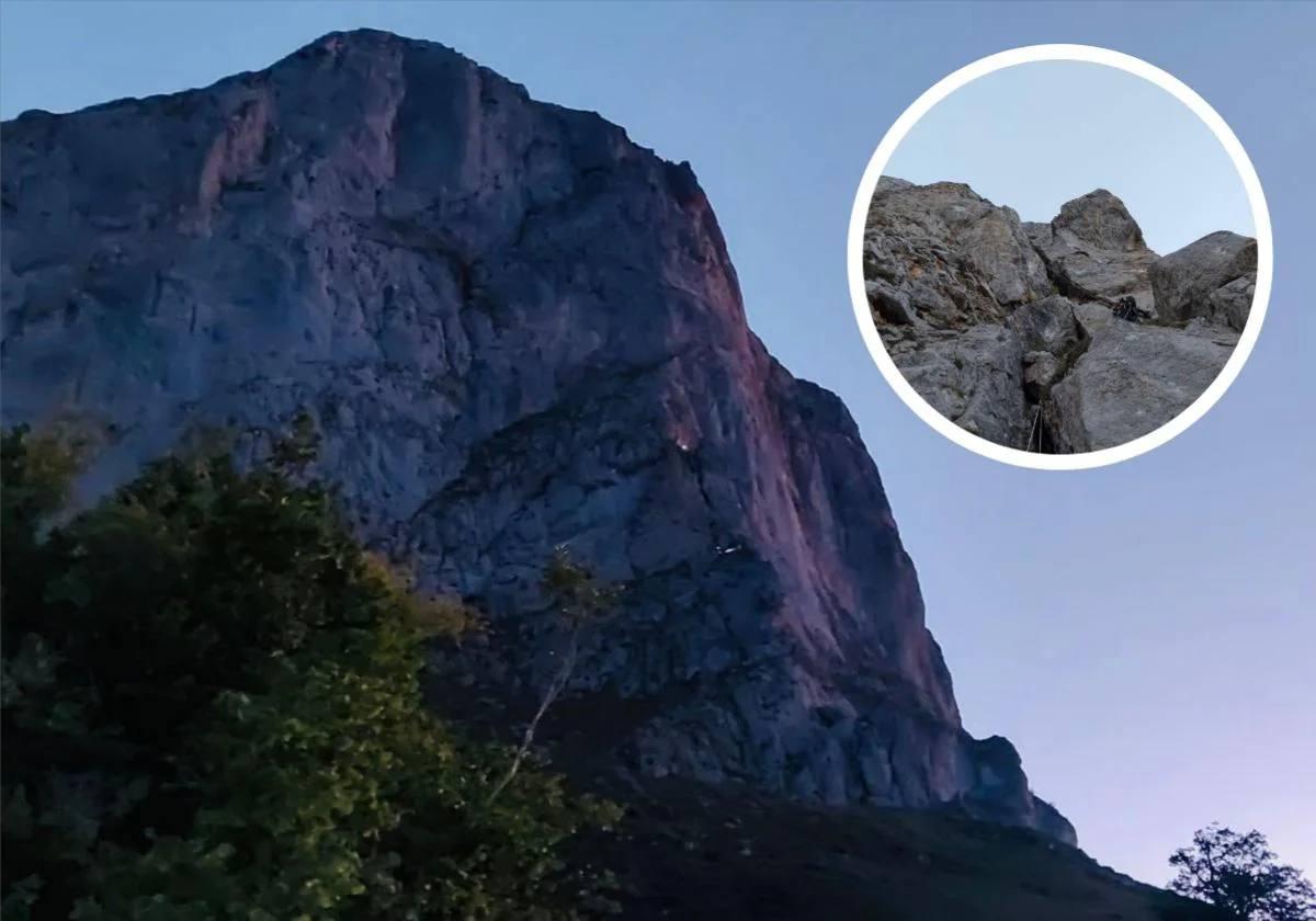 Pico Valdecoro y, en detalle, zona en la que se ha realizado el rescate.