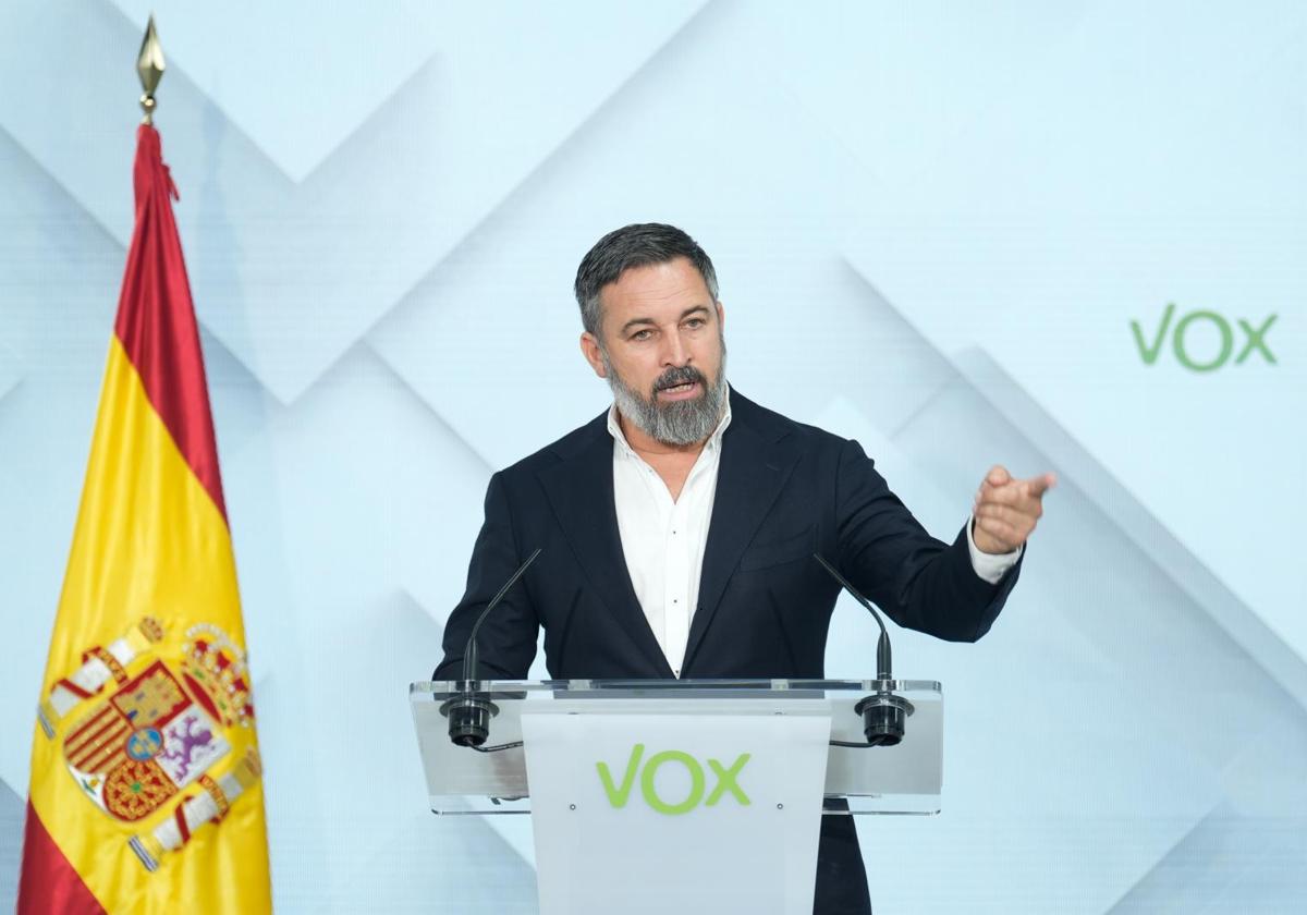 Santiago Abascal, presidente de Vox, en una rueda de prensa en bambú 12, este lunes