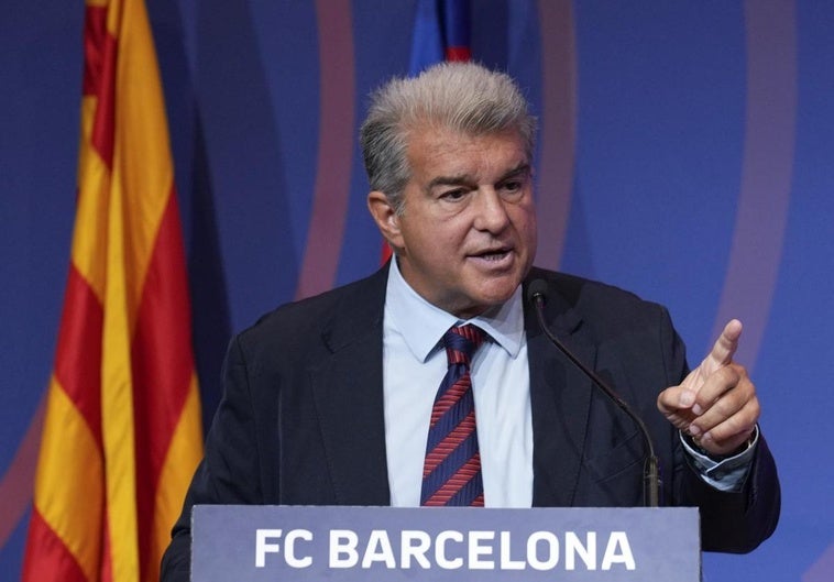 El presidente del Barça, Joan Laporta, durante su comparecencia de este martes.