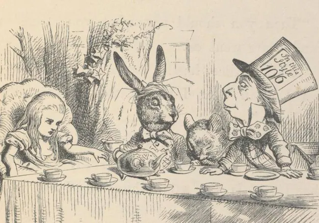 Alicia en la fiesta del té del Sombrerero Loco. ilustración de John Tenniel, 1865.