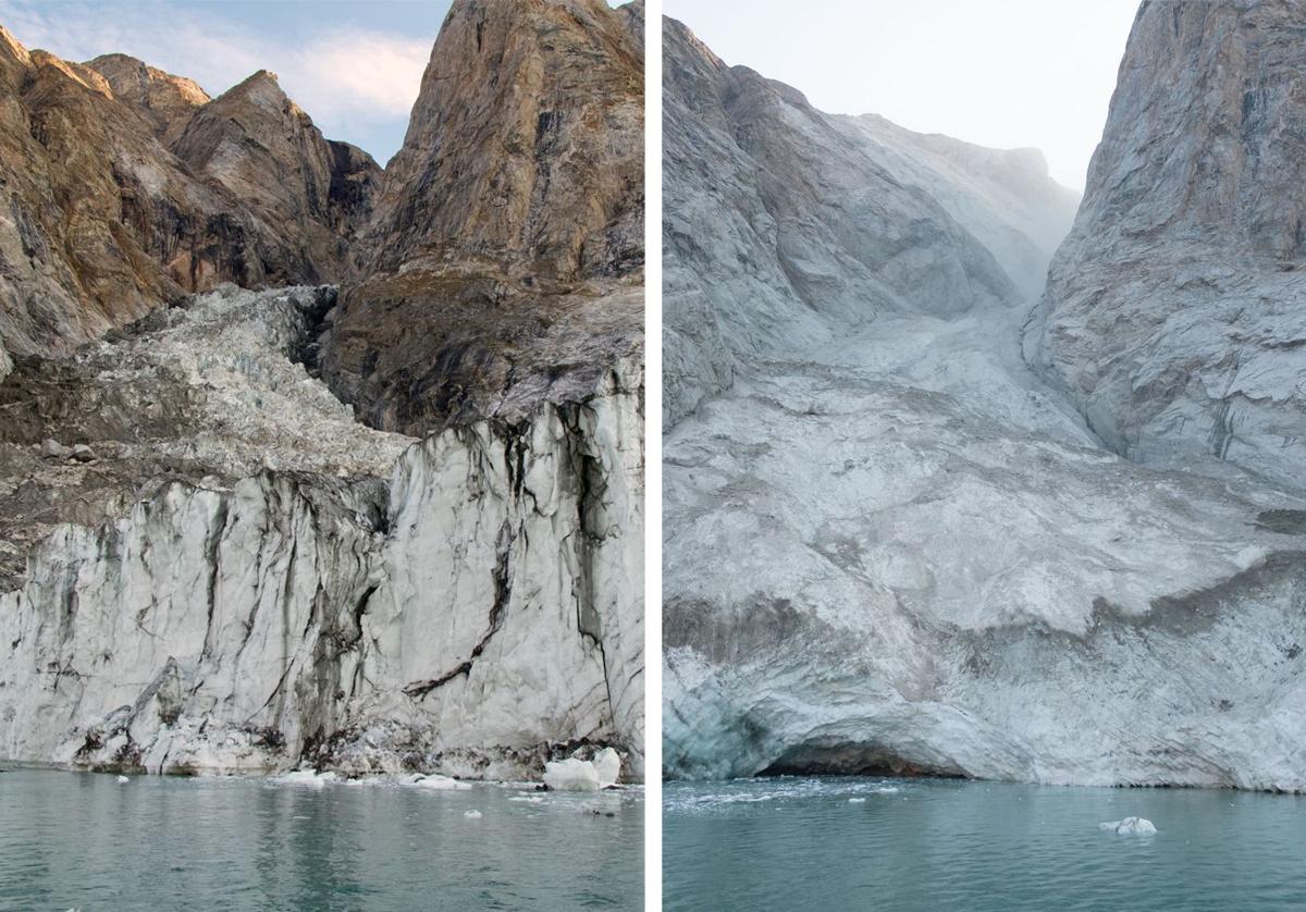 Fotos del antes (agosto de 2023) y el después (septiembre de 2023) del pico de la montaña y el glaciar, tomadas desde el fiordo.