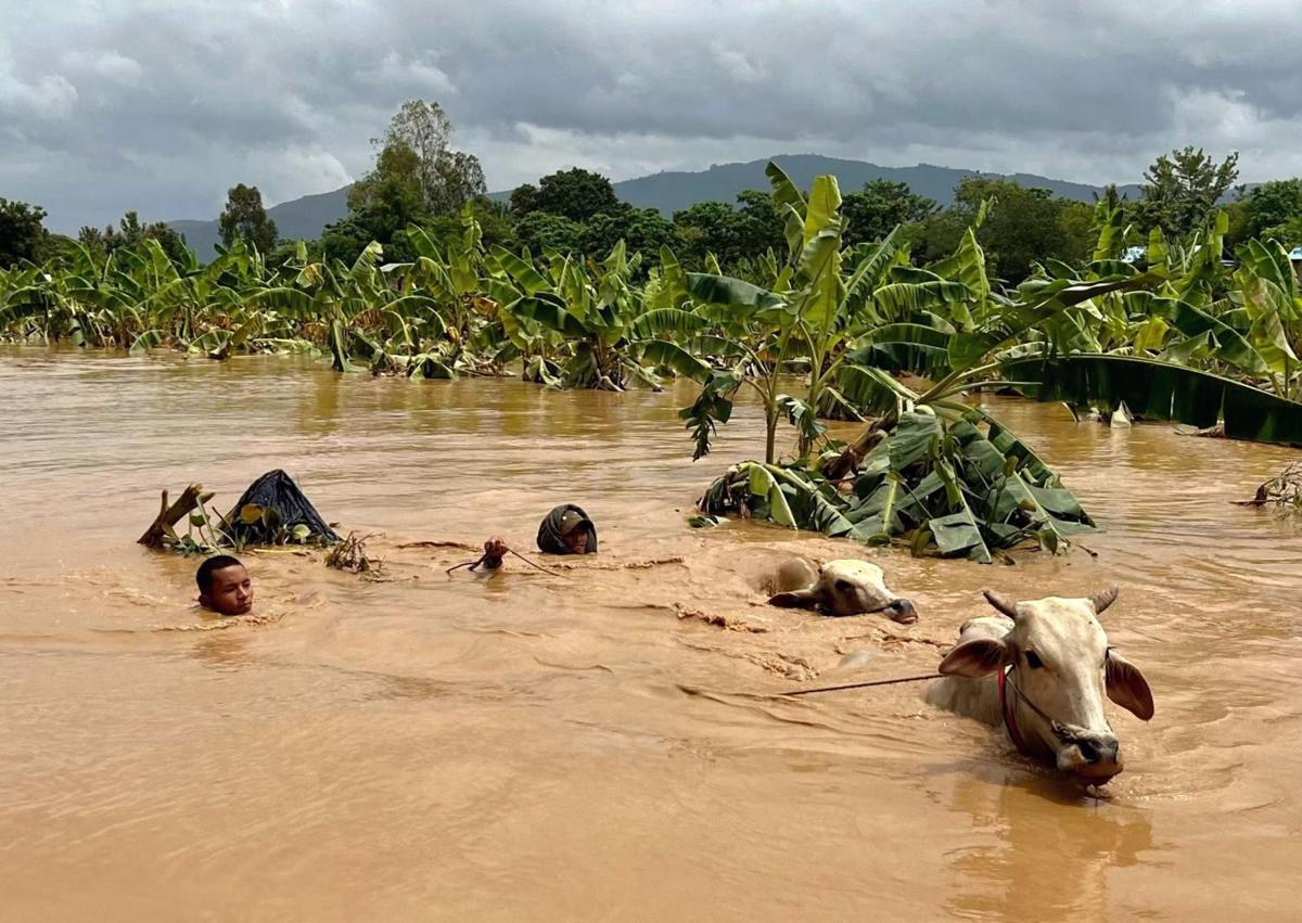 Imagen secundaria 1 - Equipos de salvamento trabajan en el rescate de supervivientes, algunos de los cuales han tenido que refugiarse en los tejados por las graves inundaciones del tifón 'Yagi'.