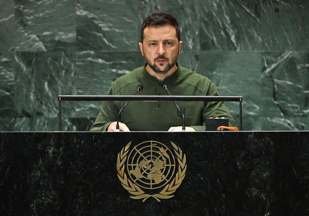 Volodímir Zelenski durante su intervención el lunes en la Asamblea General de la ONU.