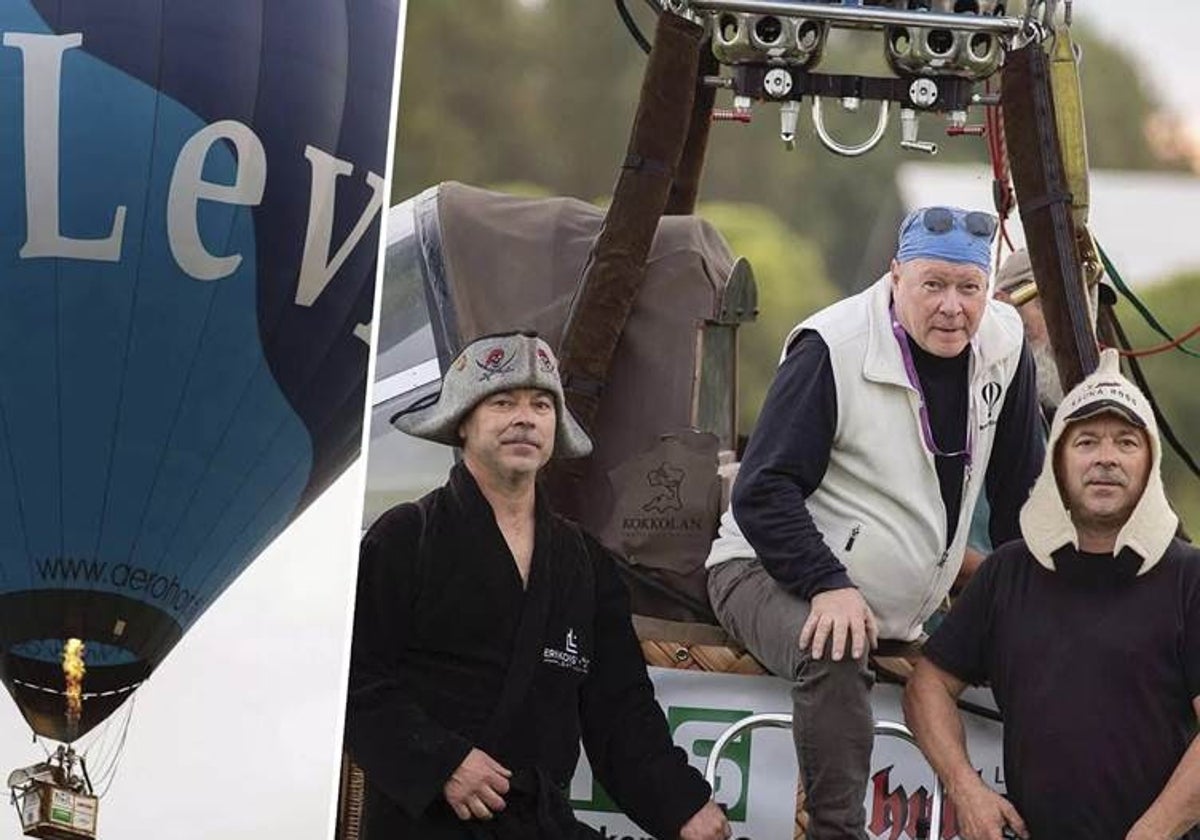 Montaje con la sauna voladora, y a la derecha sus inventores, los hermanos mellizos Ari y Jari Lehtinen con sus típicos sombreros lapones junto a uno de los tripulantes.