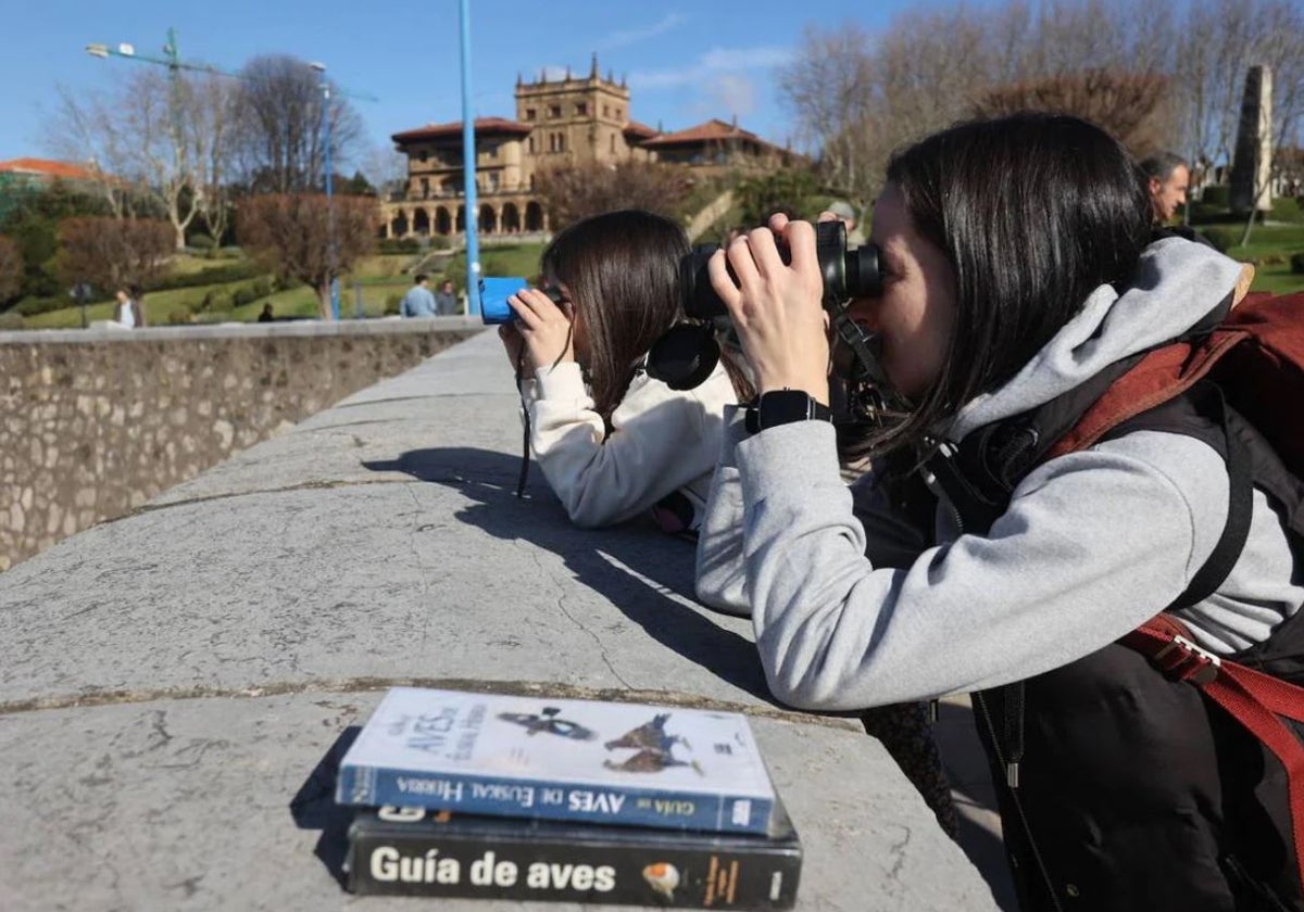 Dos aficionadas a las aves observan pájaros con sus prismáticos en Getxo (Vizcaya).