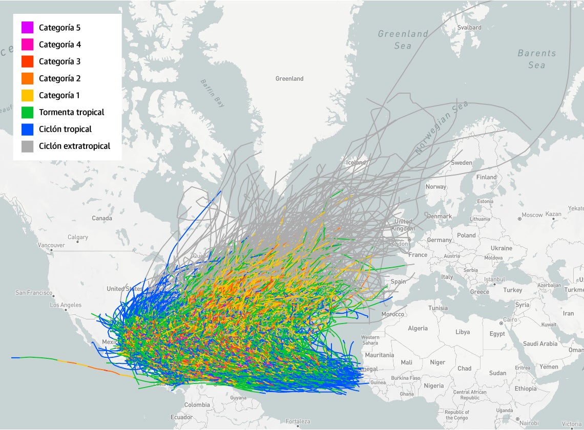 Trayectorias de huracanes y ciclones desde el S.XIX