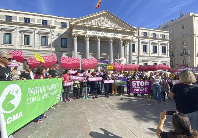 Protestas frente al Congreso en Madrid contra las granjas de pulpos.