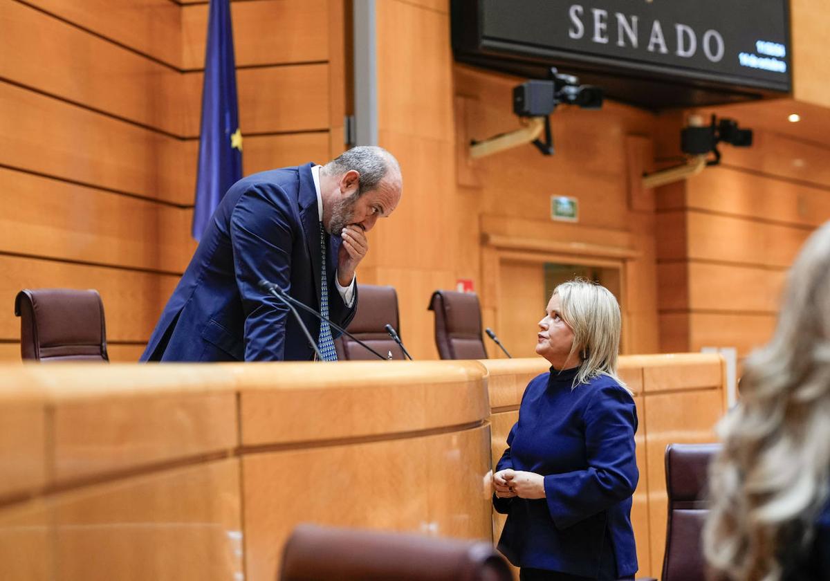 El presidente del Senado, Pedro Rollán, conversa con la diputada popular María del Mar Blanco tras la votación del martes